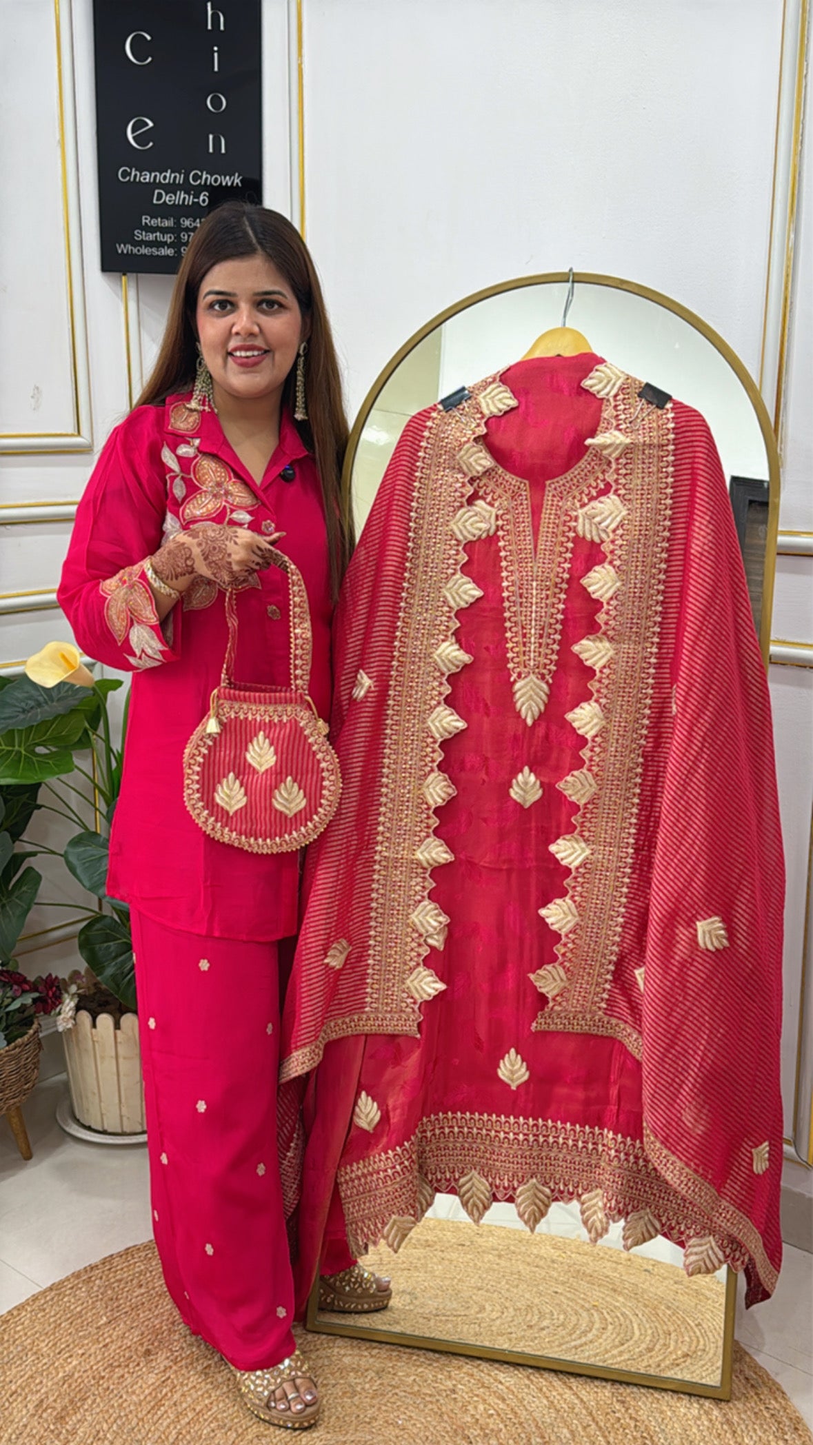 Rakhi Special Designer Silk Suit Material with Weaved Dupatta & Potli GF 382
